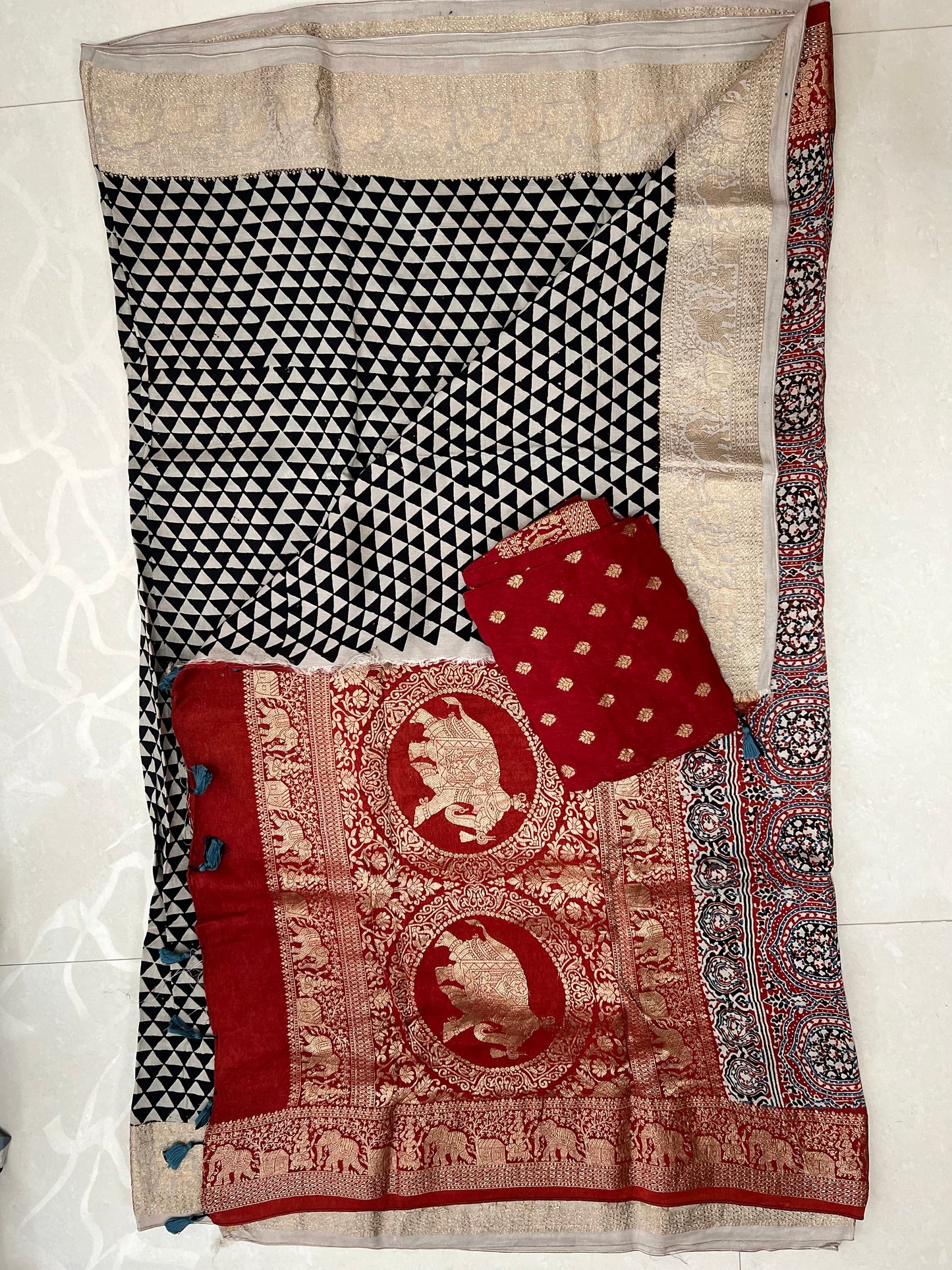 Ajrakh dola silk zari border saree