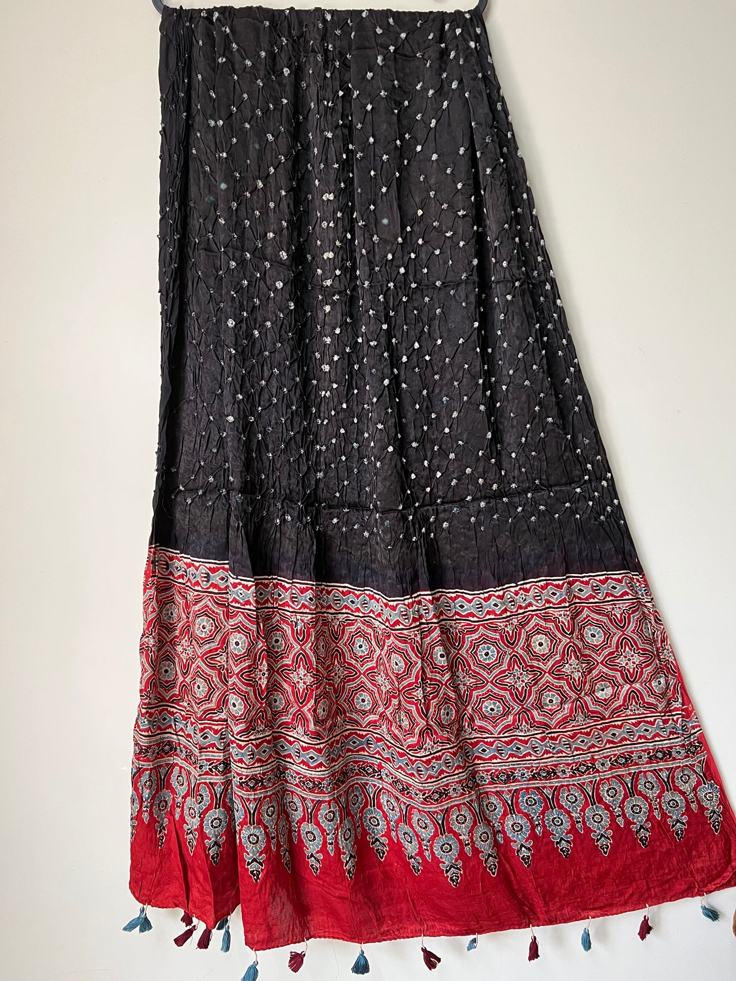 Black bandhani with red ajrakh silk dupatta