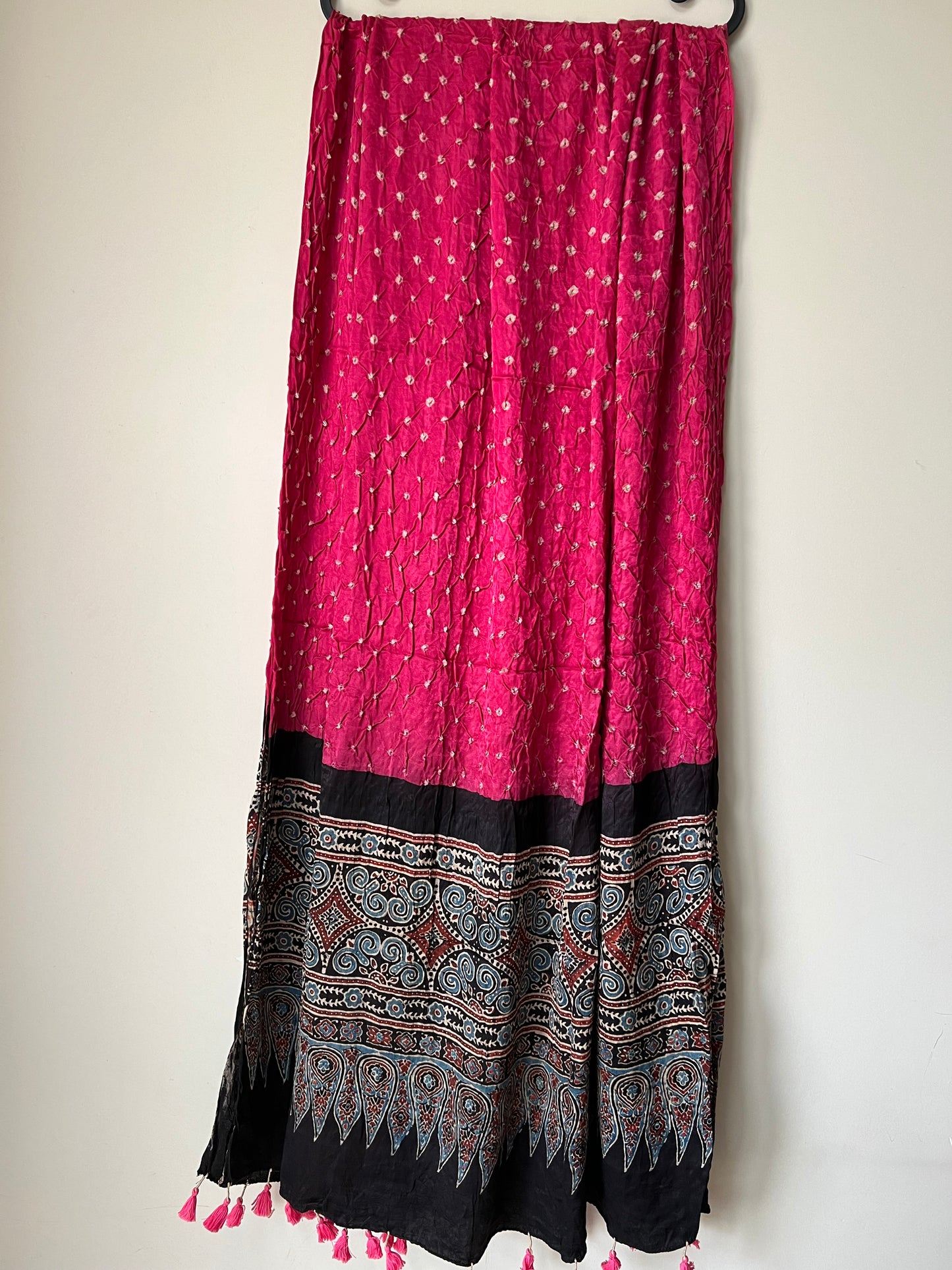 Pink bandhani with black ajrakh silk dupatta